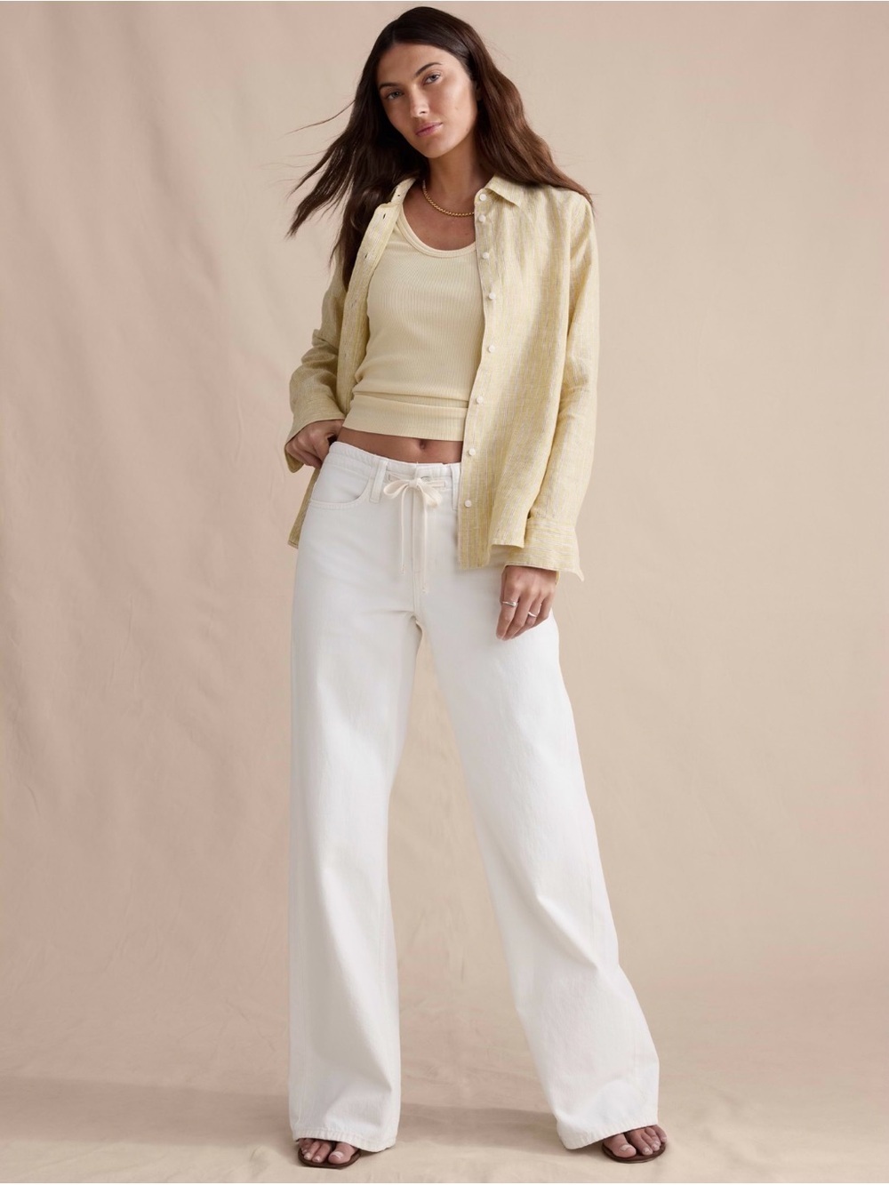 NWT Banana Republic Mid Rise Wide Leg Drawstring White Jeans Sz 25